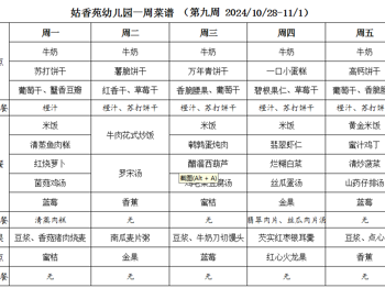 姑香苑幼儿园一周菜谱 （第九周 2024/10/28-11/1）